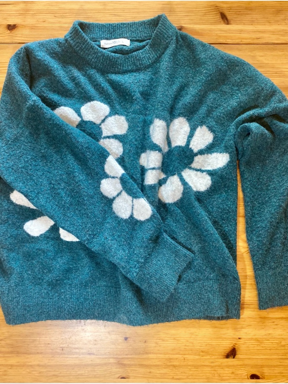 NATURAL LIFE Knit Intarsia Flower Crewneck Wool Blend Seafoam Sweater Size XL - Picture 5 of 8